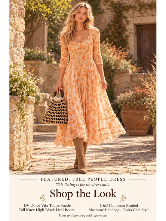Free People Dresses & Skirts - Free People Floral Smocked Maxi Dress Small Cream Orange Boho
